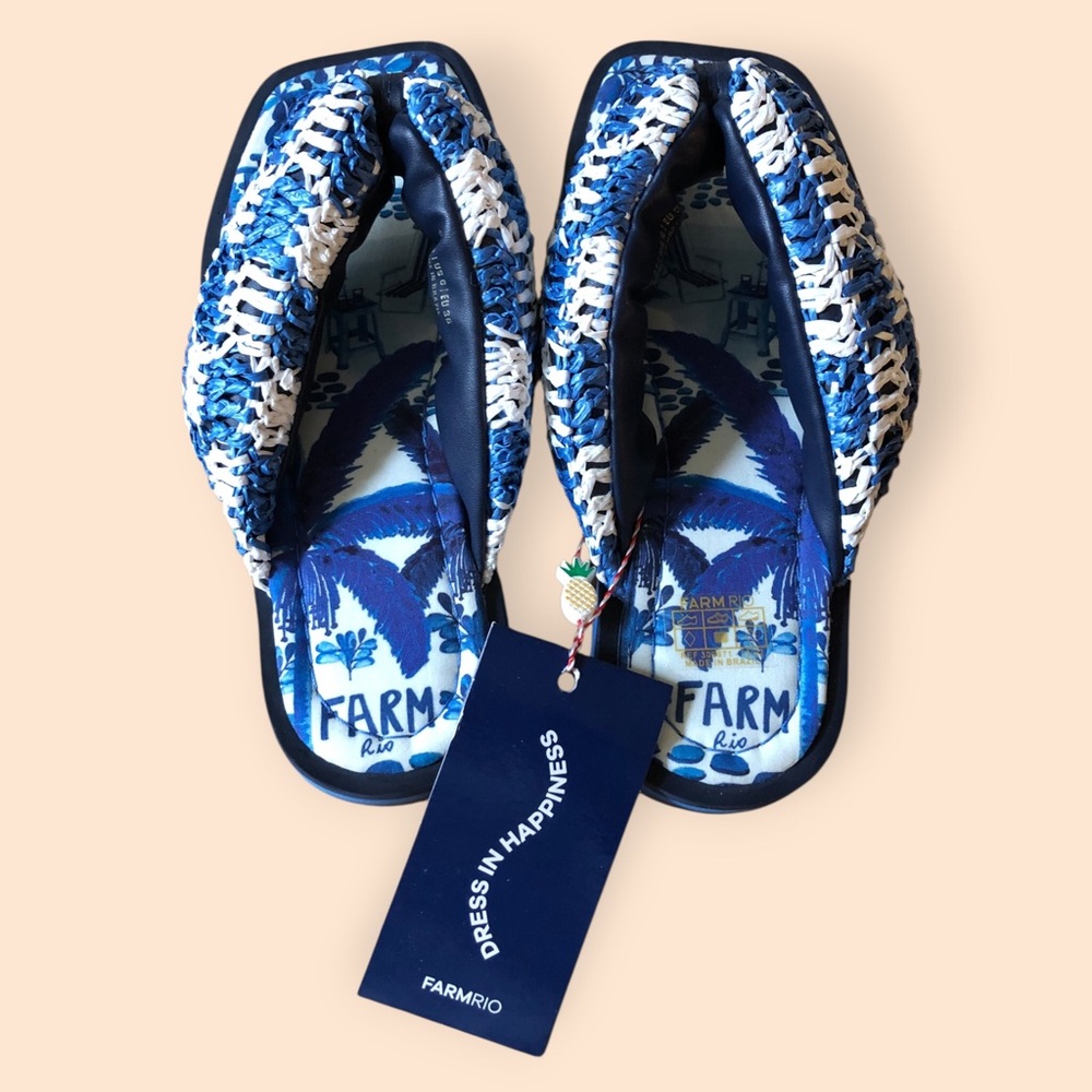 Farm Rio NEW Sweet Rio Raffia Puffy Flip Flop Blue White Vegan Summer Women US 6 - Picture 15 of 16